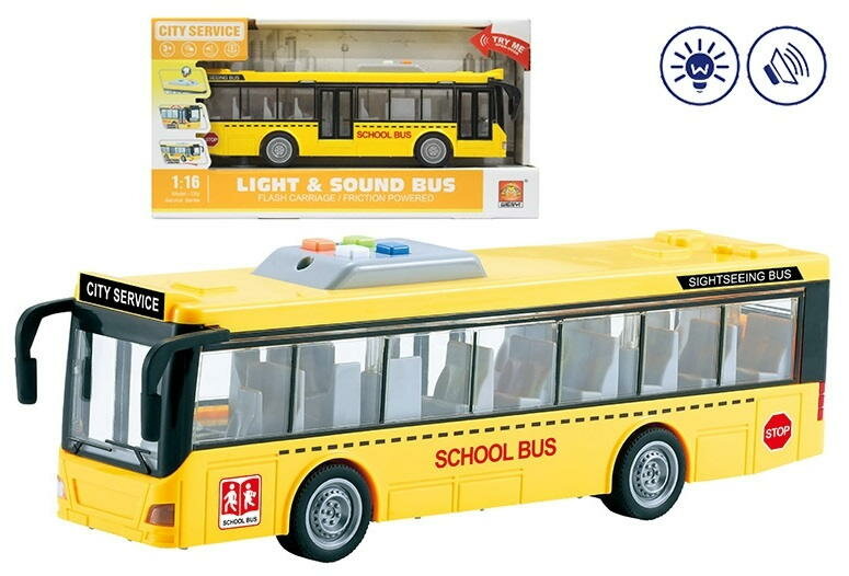 Автобус 1:16 инерционный на батарейках (свет, звук) желтый в