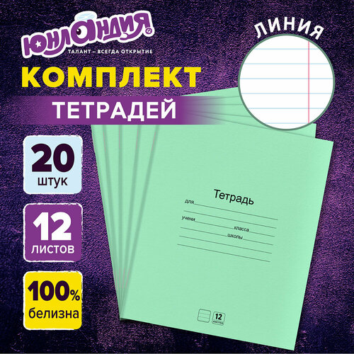 Тетради Дэк 12 л. Комплект 20 шт. с Зелёной обложкой, Юнландия, линия, 106742