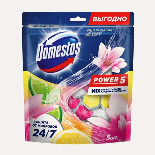 Изображение товара Блок для унитаза Domestos Power 5 Свежесть лайма и ледяная магнолия, 250г