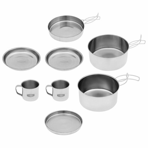 Набор посуды, походный: 2 кружки, 2 миски, сковорода, 2 кастрюли, нержавеющая сталь