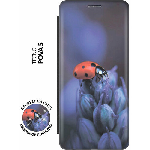 фото Чехол-книжка божья коровка на цветке на tecno pova 5 / техно пова 5 с эффектом блика черный bestluck