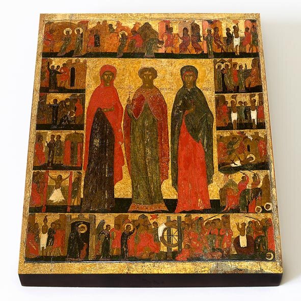 Параскева Пятница, Варвара и Ульяна с житием, XVI в, икона на доске 8*10 см
