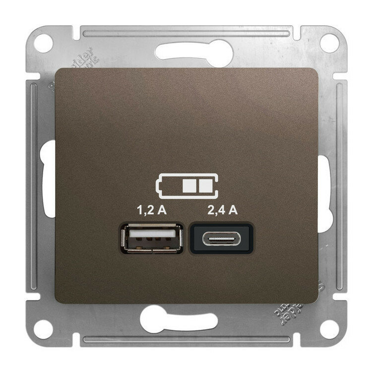 Розетка USB A+С 5В/2,4 А 2х5В/1,2А механизм Systeme Electric (Schneider Electric) Glossa, шоколад - фото №1