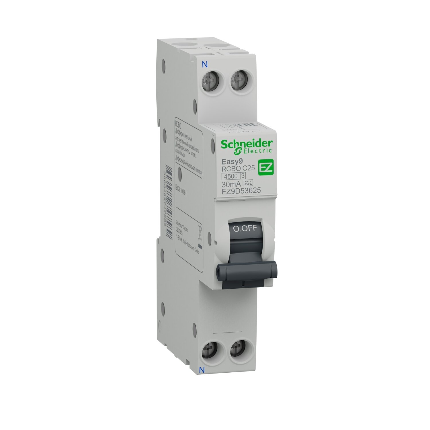 Дифференциальный автомат Systeme Electric (schneider Electric) SCHNEIDER ELECTRIC EASY9 1П+Н 25A 30MA 4,5кА C А, 18 мм