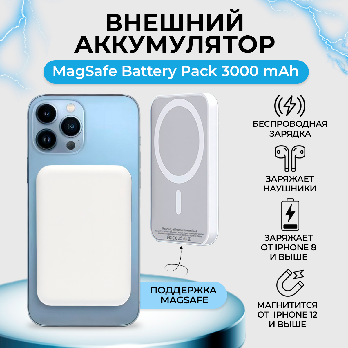 Беспроводная магнитная зарядка iPhone Power Bank 3000mAh