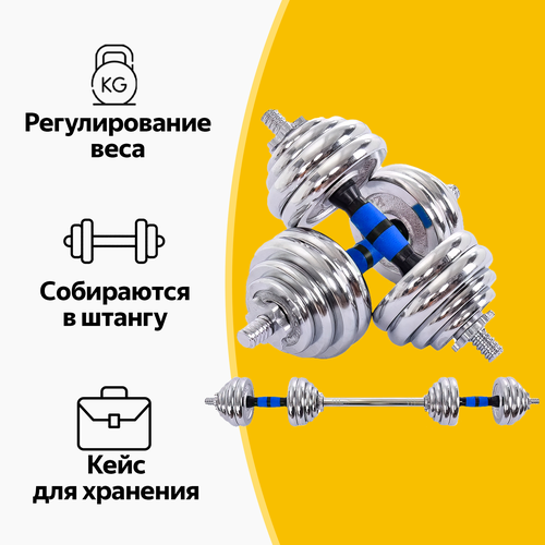 Гантели разборные 20 кг (2х10 кг) со штангой, трансформер, металлические