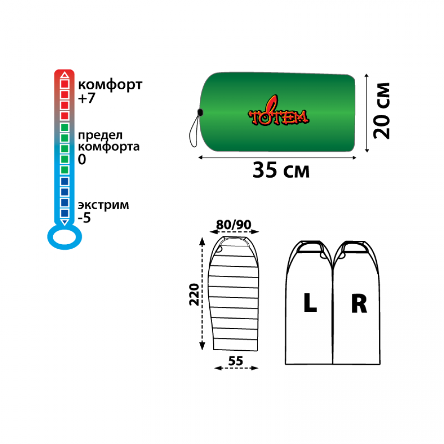 Мешок спальный Totem Hunter лев. кокон дл.:220см зеленый - фото №8