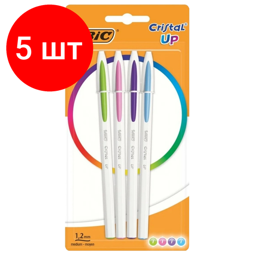 Комплект 5 шт, Ручки шариковые BIC Cristal Up Fun, набор 4 цвета (салатовый, розовый, фиолетовый, голубой), узел 1 мм, линия 0.32 мм, блистер, 949870