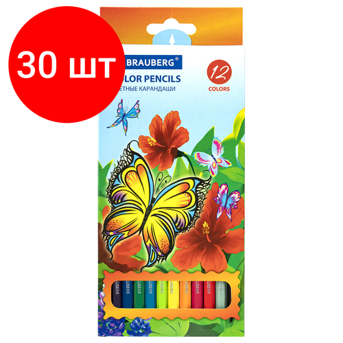 Комплект 30 шт, Карандаши цветные BRAUBERG Wonderful butterfly, 12 цветов, заточенные, картонная упаковка с блестками, 180535