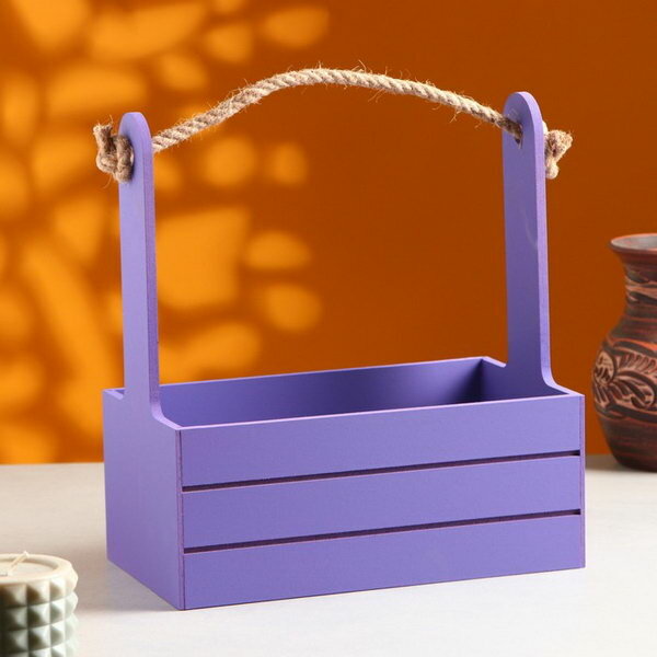 фото Кашпо деревянное 25.5x15x30 см "Аром", ручка канат, Фиолетовый