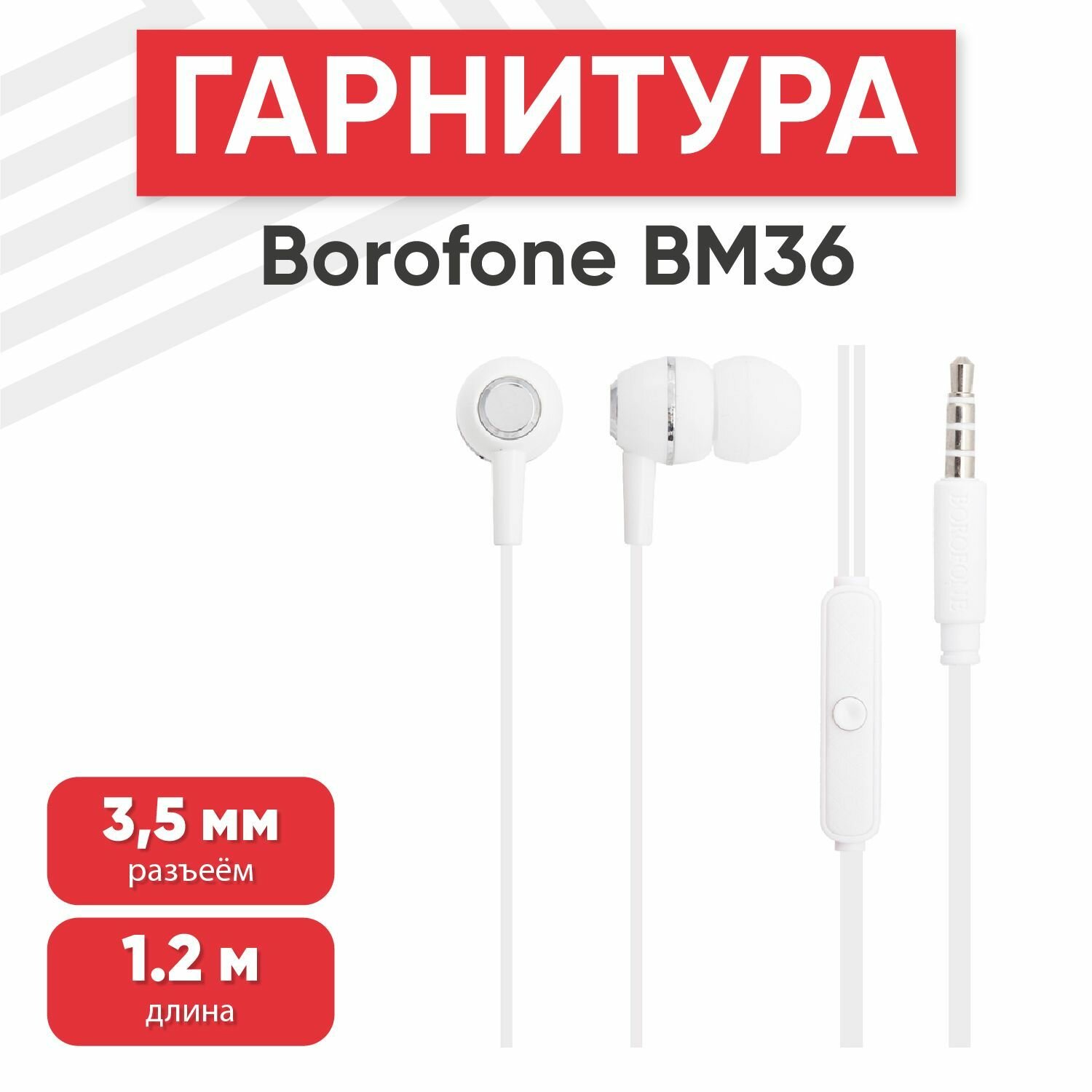 Наушники проводные с микрофоном Borofone BM36 Acura, MiniJack 3.5мм, 1.2 метра, белые