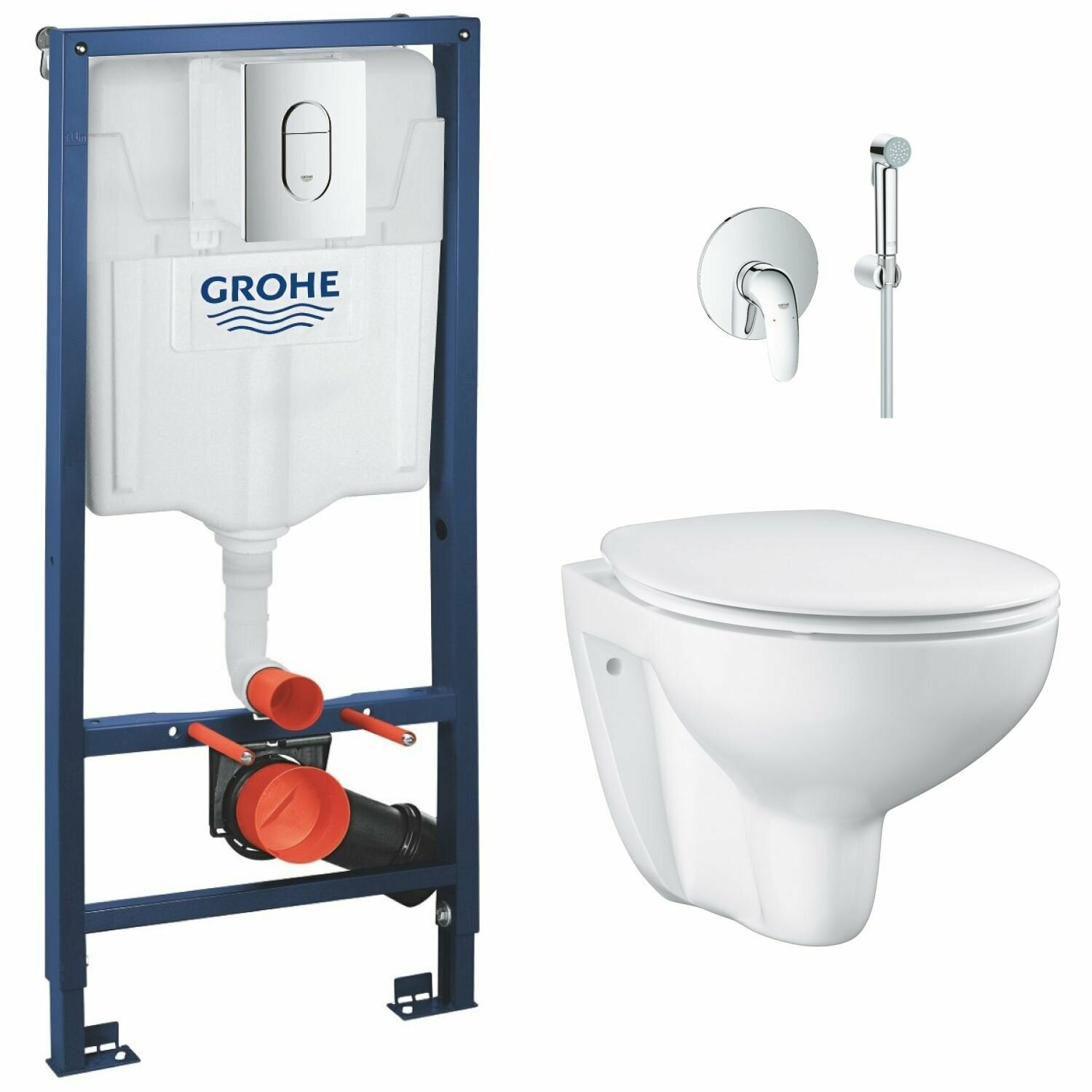 Инсталляция с унитазом Grohe Bau Rimless комплект 6 в 1: унитаз безободковый инсталляция с кнопкой Grohe сиденье микролифт гигиенический душ