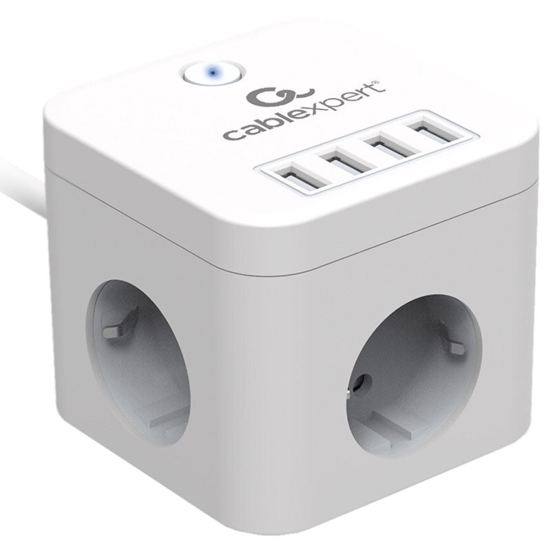 Cablexpert Сетевой фильтр Cube CUBE-3-U4-W-1.5 (3р, 10А, 4 х Usb, 1.5м, ур. защиты 4+) белый, коробка