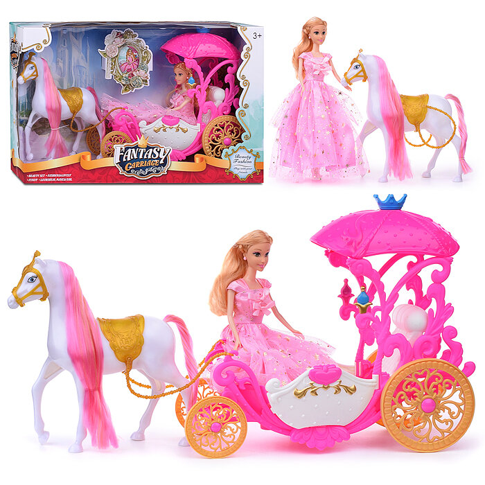 Карета 339A "Принцесса цветов" с лошадкой и куклой, в коробке