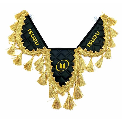 Вымпел стильный тройной ISUZU (экокожа). Черный цвет, золотая вышивка. Аксессуар для грузовика Исузу.