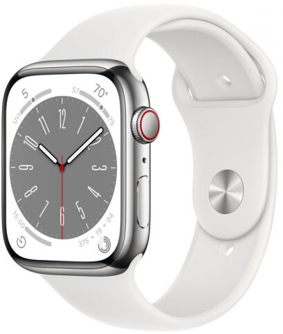 Apple Watch Series 8 (GPS + Cellular), 45 mm, серебристый алюминий, белый спортивный ремешок (MP4J3)