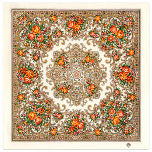 фото Платок павловопосадская платочная мануфактура, 72х72 см, бежевый, оранжевый