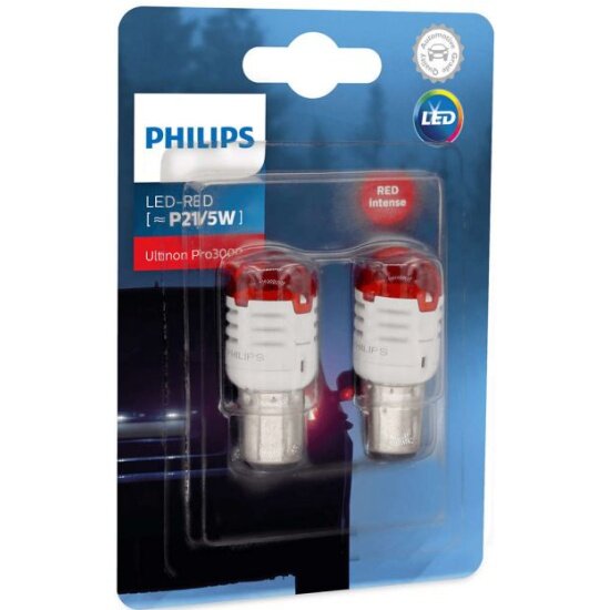 Лампа автомобильная Philips Red Ultinon Pro3000 SI LED P21/5W 12V-LED (BAY15d) 1.75/0.8W, 2шт, 11499U30RB2