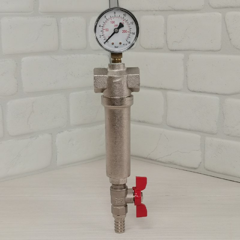 фото Самопромывной фильтр механической очистки VERPAT, с манометром, для холодной и горячей воды, присоединение 20мм (3/4 дюйма), никелированная латунь