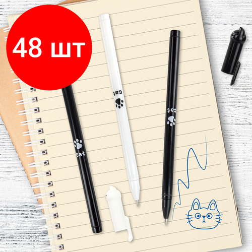 Комплект 48 шт, Ручка фигурная шариковая юнландия Котик, корпус ассорти, синяя, пишущий узел 0.7 мм, 143787