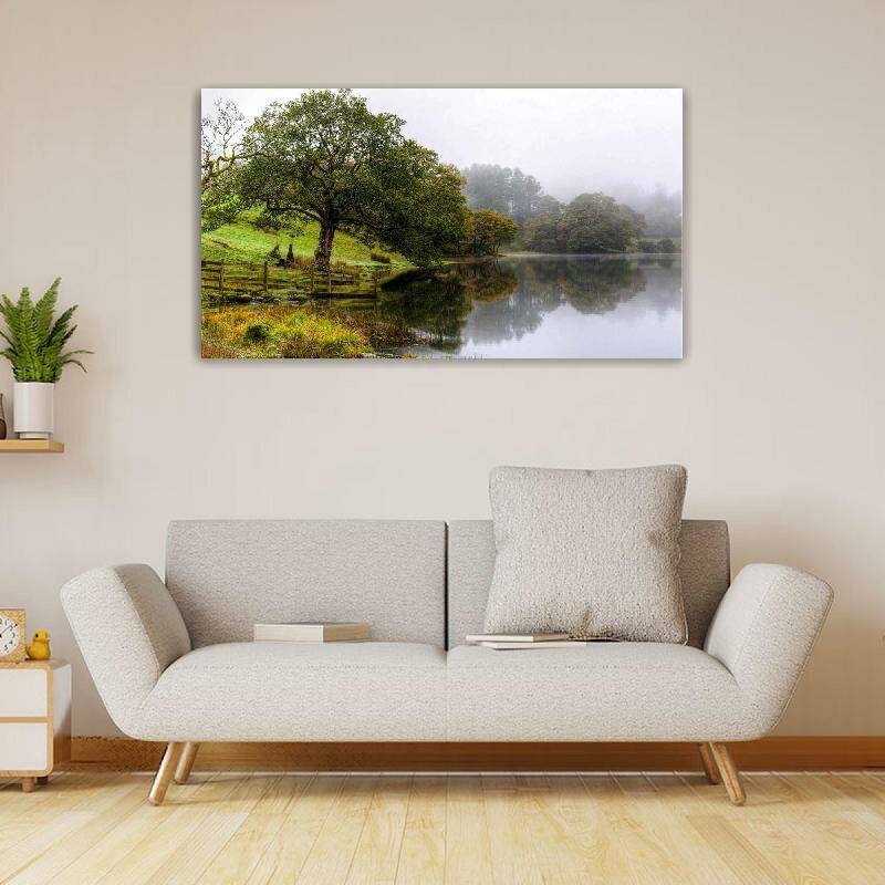 Картина на холсте 60x110 LinxOne "Природа дерево озеро туман" интерьерная для дома / на стену / на кухню / с подрамником