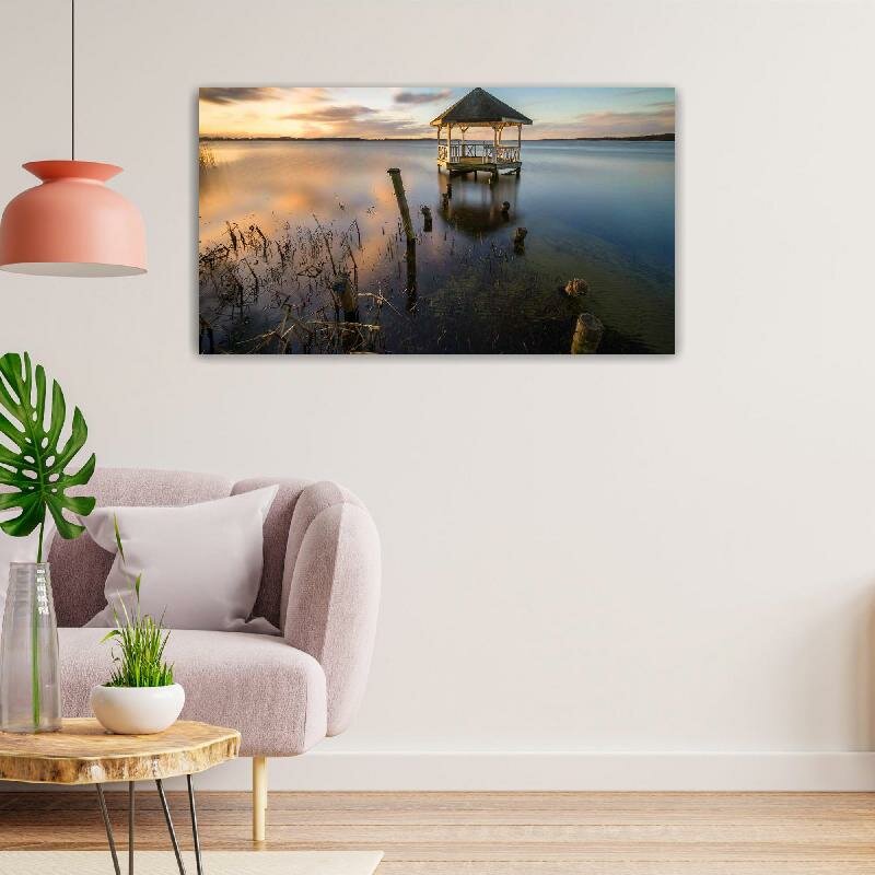 Картина на холсте 60x110 LinxOne "Закат озеро пейзаж беседка природа" интерьерная для дома / на стену / на кухню / с подрамником