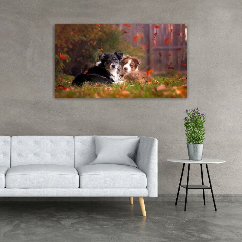 Картина на холсте 60x110 LinxOne "Осень собаки природа" интерьерная для дома / на стену / на кухню / с подрамником