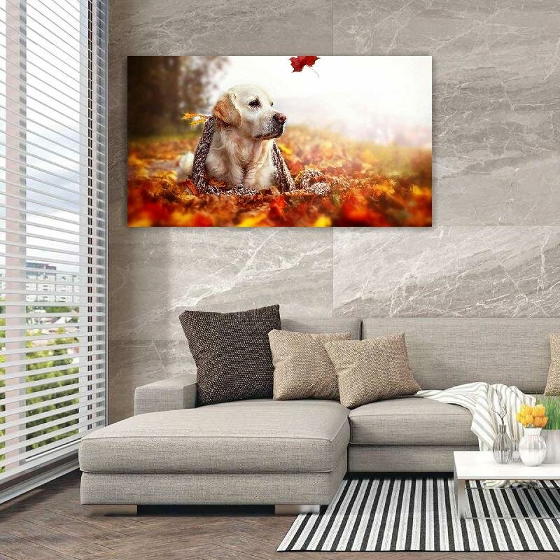 Картина на холсте 60x110 LinxOne "Золотой ретривер листья" интерьерная для дома / на стену / на кухню / с подрамником