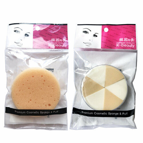 K-Beaty набор спонжей: скрабирующий спонж (для очищения) и спонж в кейсе, 6 сегментов (для нанесения тона)