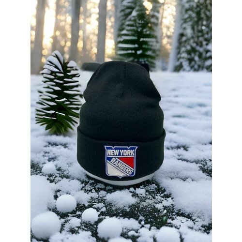 Шапка бини  Шапка мужская женская зимняя спортивная New York Rangers Нью-Йорк Рейнджерс черный, размер универсальный, синий, черный