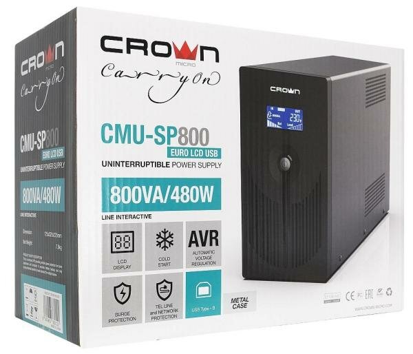 Источник бесперебойного питания Crown CMU-SP800EURO LCD USB 800VA Черный (CM000001871)