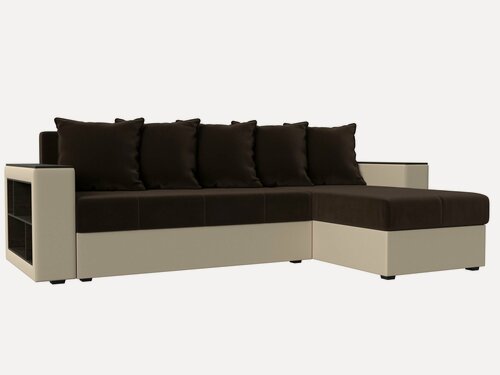 Изображение товара Диван угловой Дубай Лайт правый угол, микровельвет коричневый, экокожа бежевая
