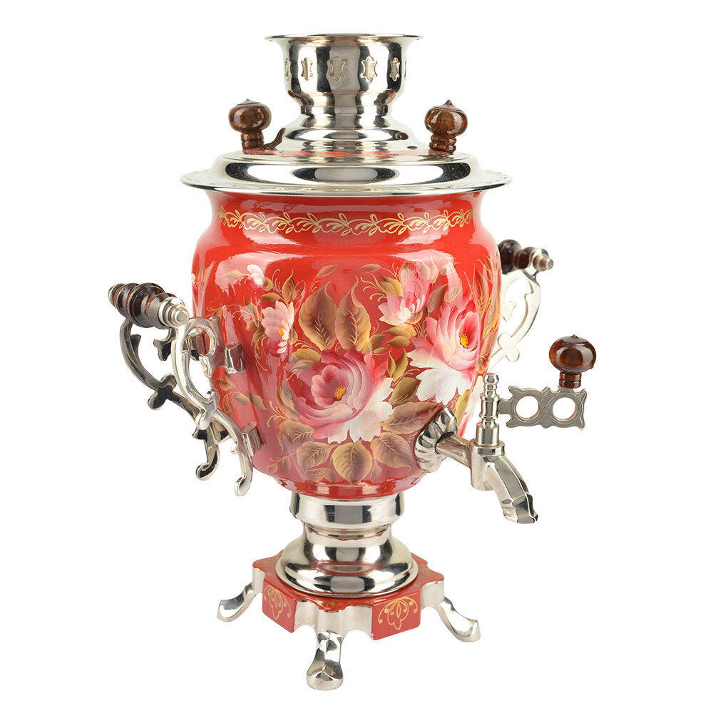 фото Самовар электрический 3 л с художественной росписью «Пионы на красном в серебре» формы «Жёлудь»