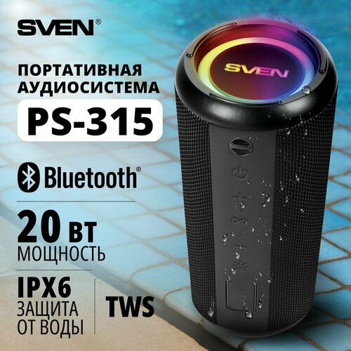 Колонка портативная беспроводная bluetooth SVEN PS-315, переносная / Колонка блютуз музыкальная акустическая / 20 Вт / TWS / USB / microSD / 2000mAh