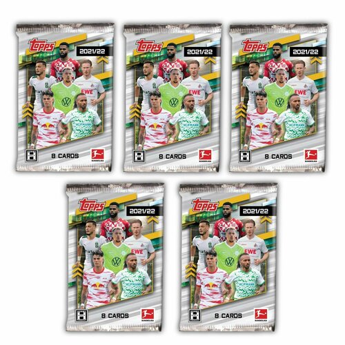 5 пакетиков карточек Topps Bundesliga. Набор футбольных коллекционных карт со звездами немецкой Бундеслиги любителям панини.