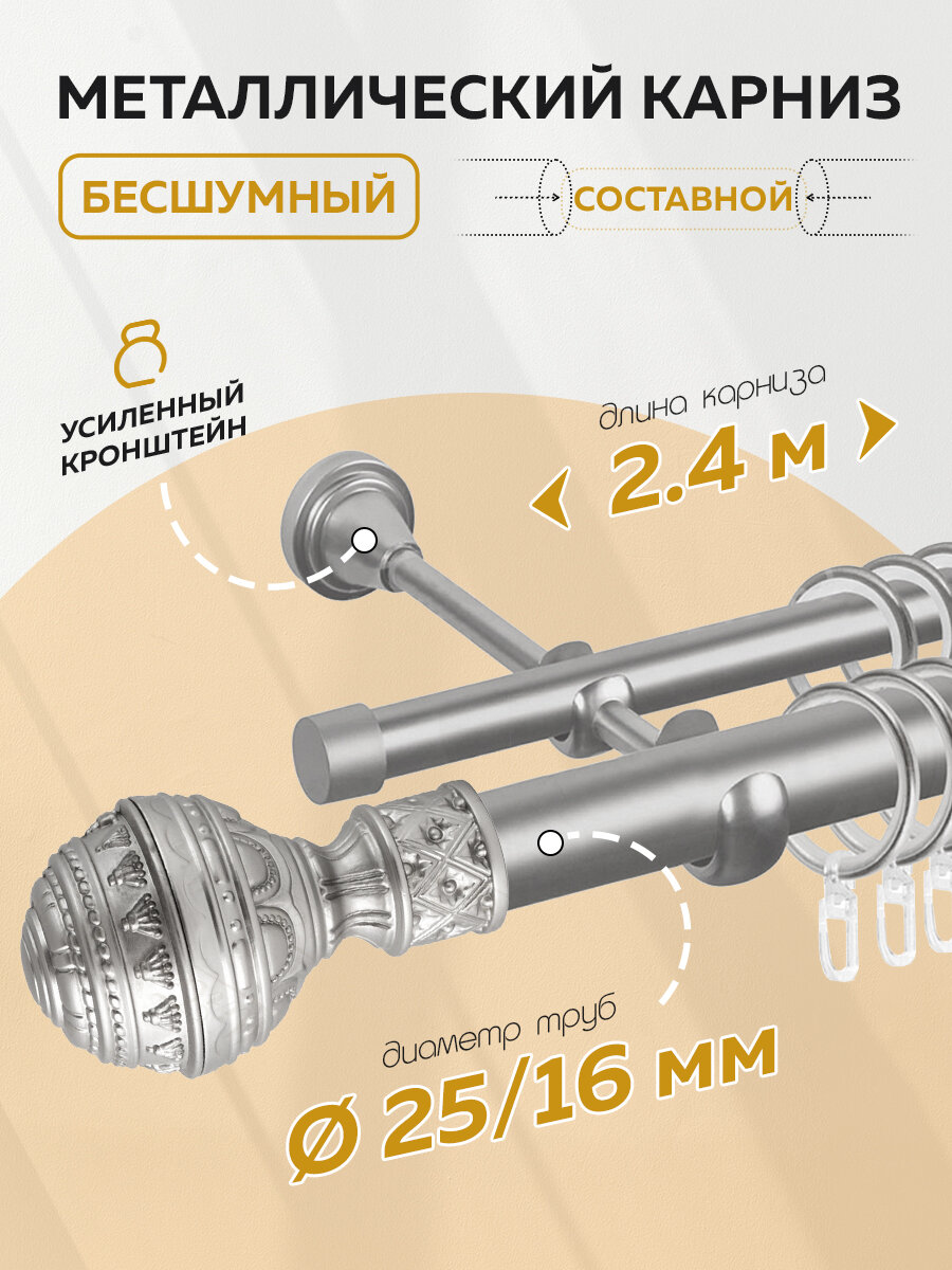 Карниз для штор настенный круглый двухрядный металлический бесшумный 240см Mirtex Premium Сатин 25/16мм составной гладкий, гардина для штор
