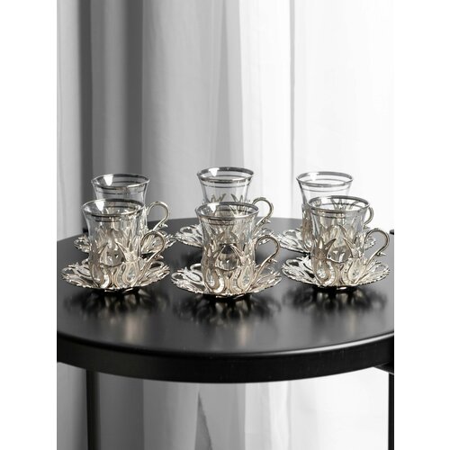 Стаканы Армуды от бренда Sena с блюдцами серебро 6 шт по 70 мл