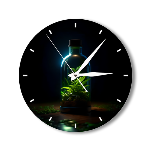 Деревянные настенные часы, диаметр 28см/ Большие кварцевые бесшумные интерьерные часы с принтом/ часы-картина на стену/, в бутылке растения