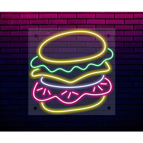 Неоновая вывеска, декоративный светильник гамбургер 50х50см