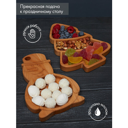 Менажница новогодняя деревянная тарелка елка снеговик