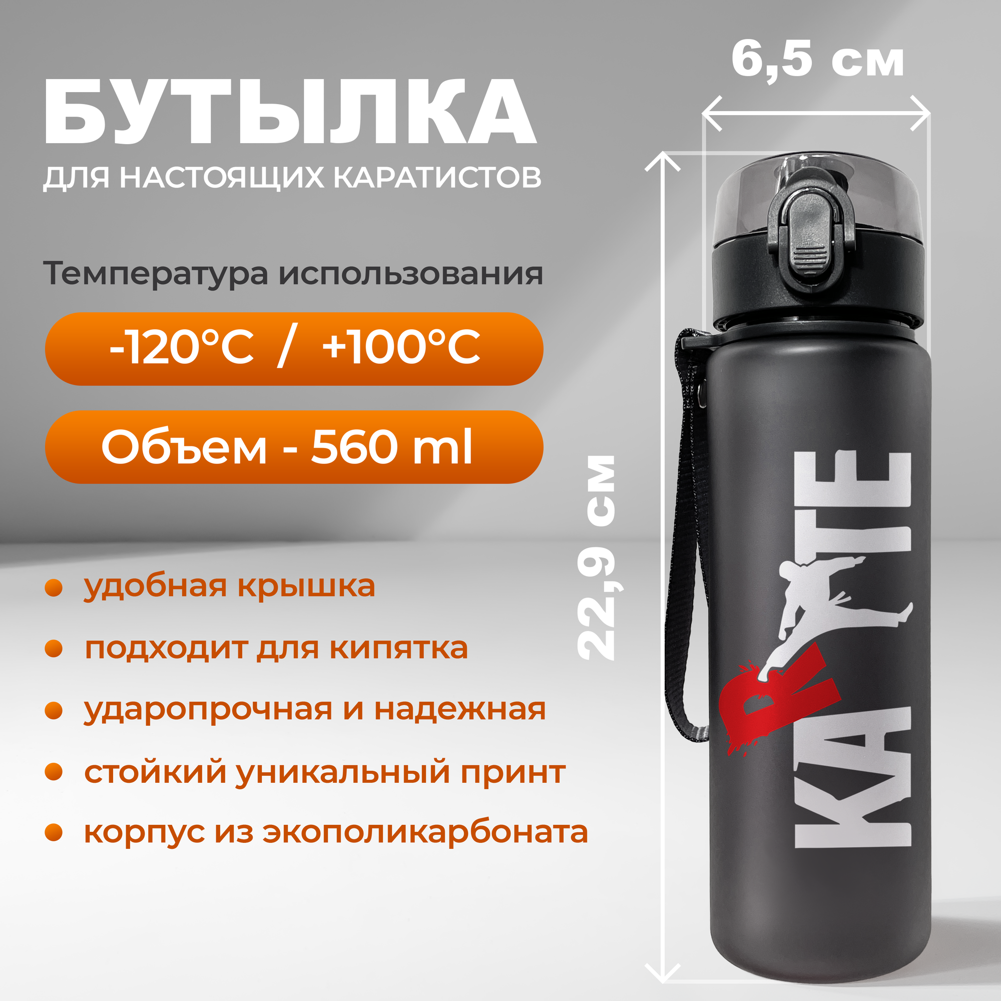Спортивная бутылка для воды Aika с принтом Карате объемом 560 мл, черного цвета