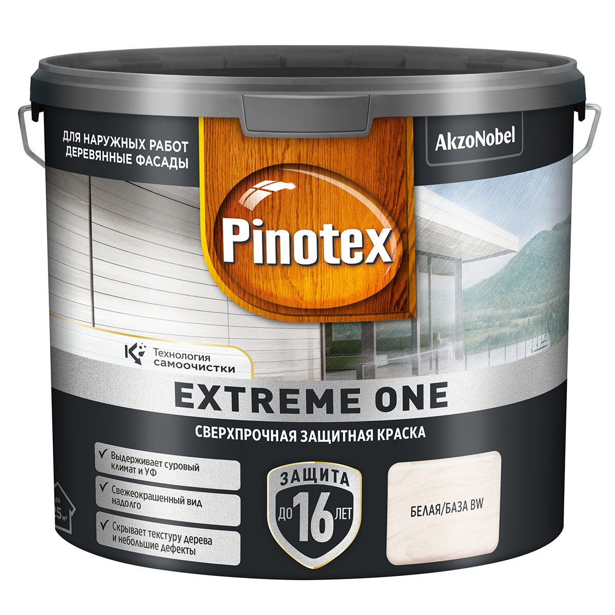 фото PINOTEX EXTREME ONE краска с эффектом самоочистки для защиты древесины до 16 лет, база BW (2,5л)