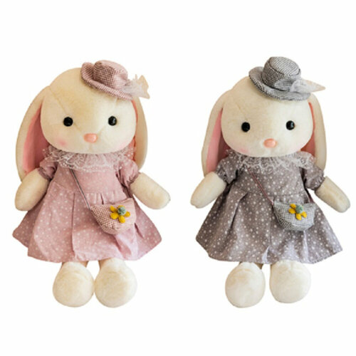 Мягкая плюшевая игрушка для детей Заяц 35 см с длинными ушами в платье с сумочкой и шляпкой, BB381
