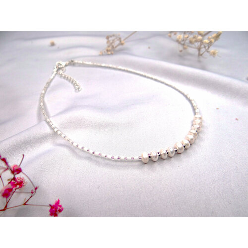 Чокер, жемчуг пресноводный культивированный, длина 35 см, белый, серебряный