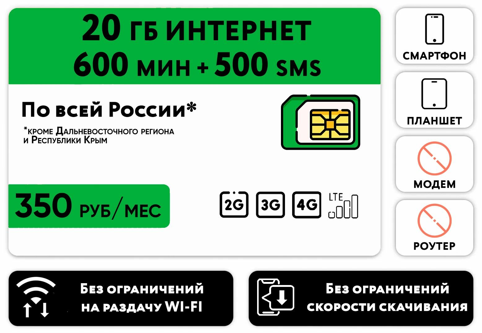 SIM-карта 600 минут + 20 гб интернета 3G/4G + 500 СМС за 350 руб/мес (смартфон) + безлимит на мессенджеры (Москва и область) — фото 2