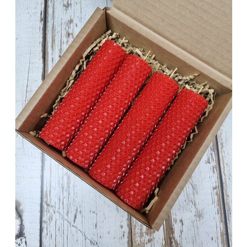 Свечи красные из вощины 13*3 см, 4 штуки, набор, ручная работа