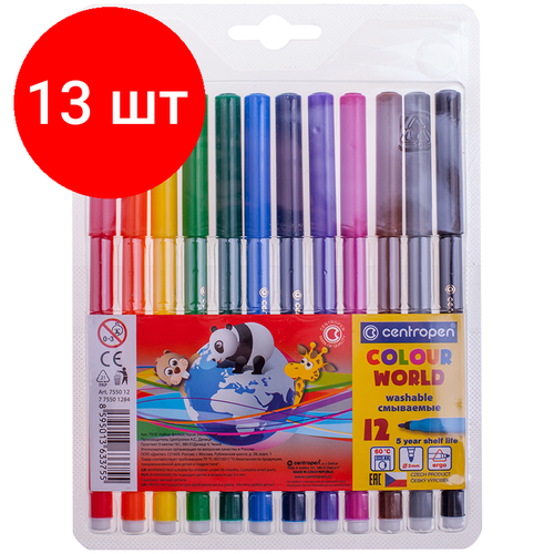 Комплект 13 шт, Фломастеры Centropen Colour World, 12цв, трехгранные, смываемые, блистер