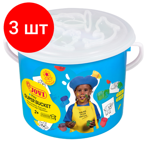 Комплект 3 шт, Краски пальчиковые JOVI Super Bucket, 05 цветов по 35мл. + 20 трафаретов-раскрасок, пластиковое ведро комплект 4 шт краски пальчиковые jovi 05 цветов 175г картон