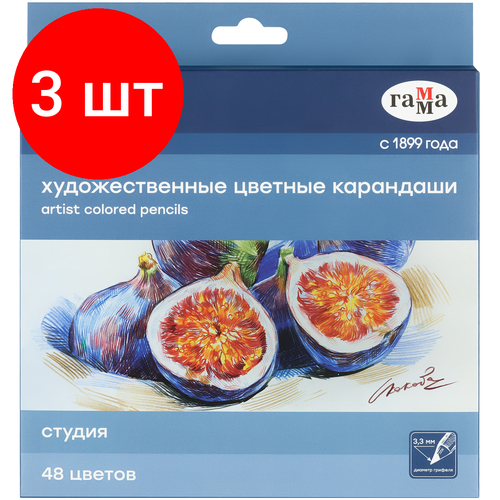 Комплект 3 шт, Карандаши цветные художественные Гамма Студия, 48цв, заточен, картон. упаковка