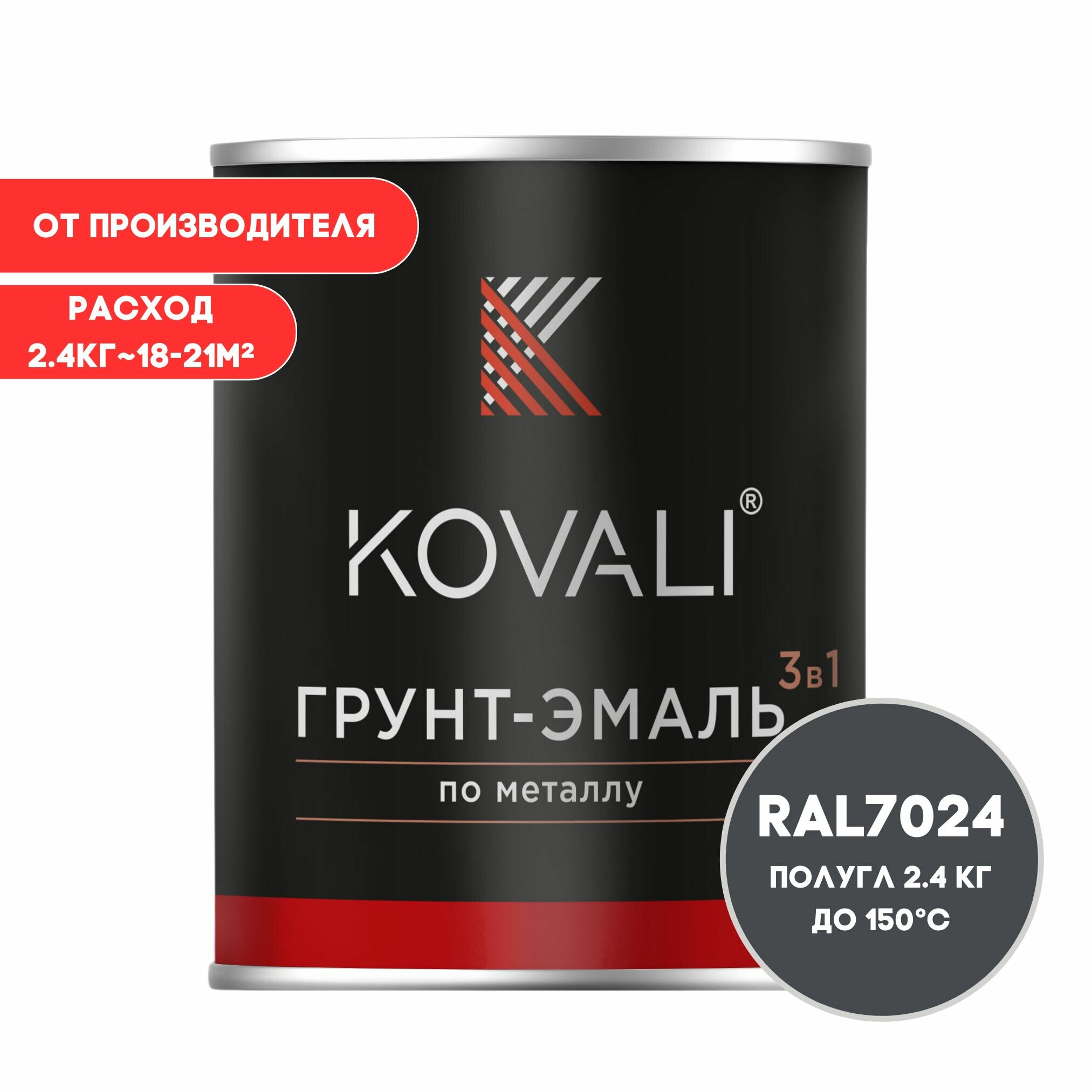 Грунт-эмаль 3 в 1 KOVALI полуглянец Графитовый серый RAL 7024 2,4кг краска по металлу, по ржавчине, быстросохнущая , краска Ковали